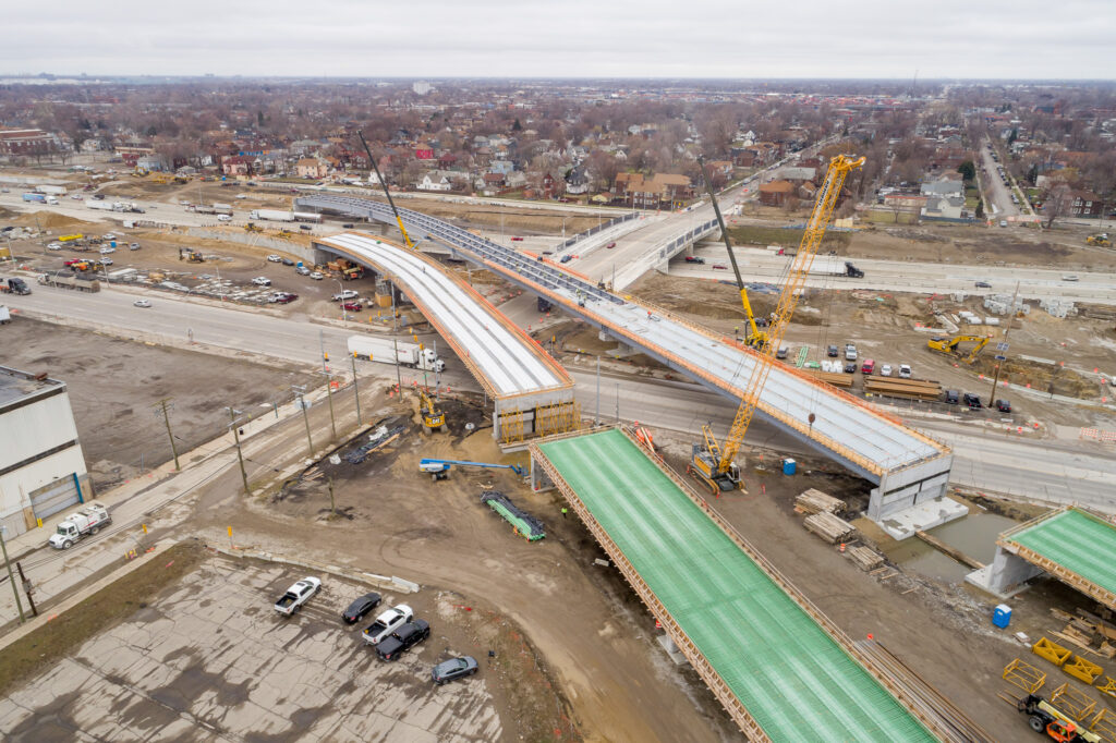over bridge construction progress with traffic