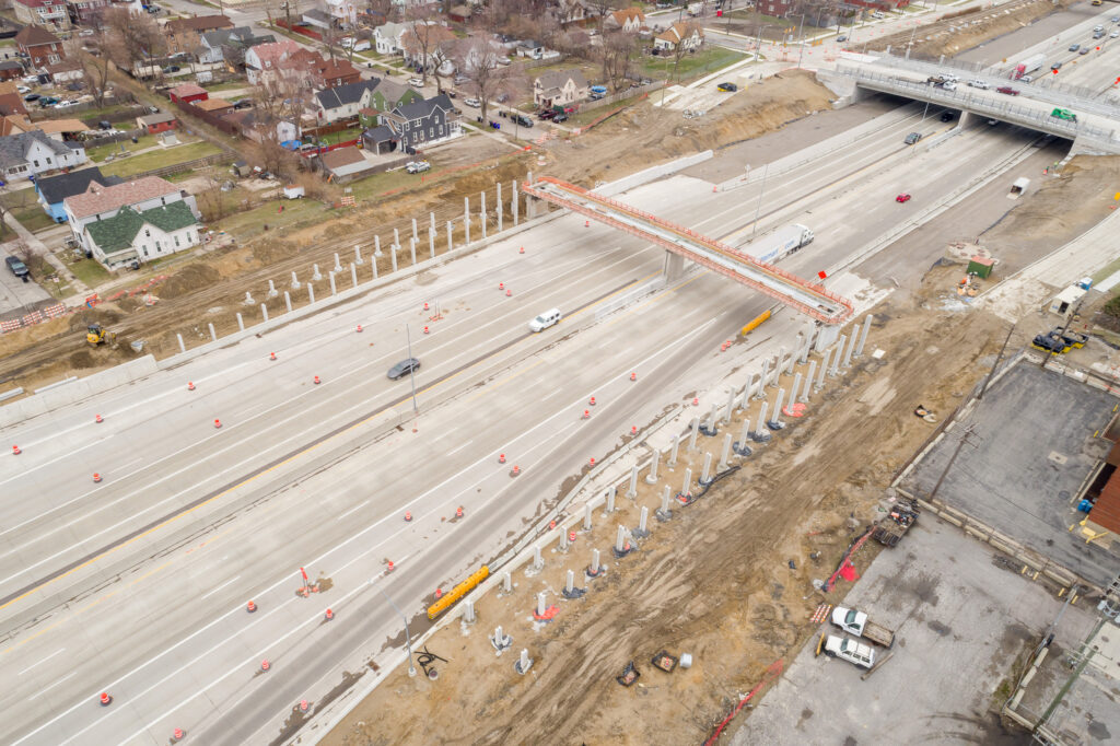 over bridge construction progress with traffic
