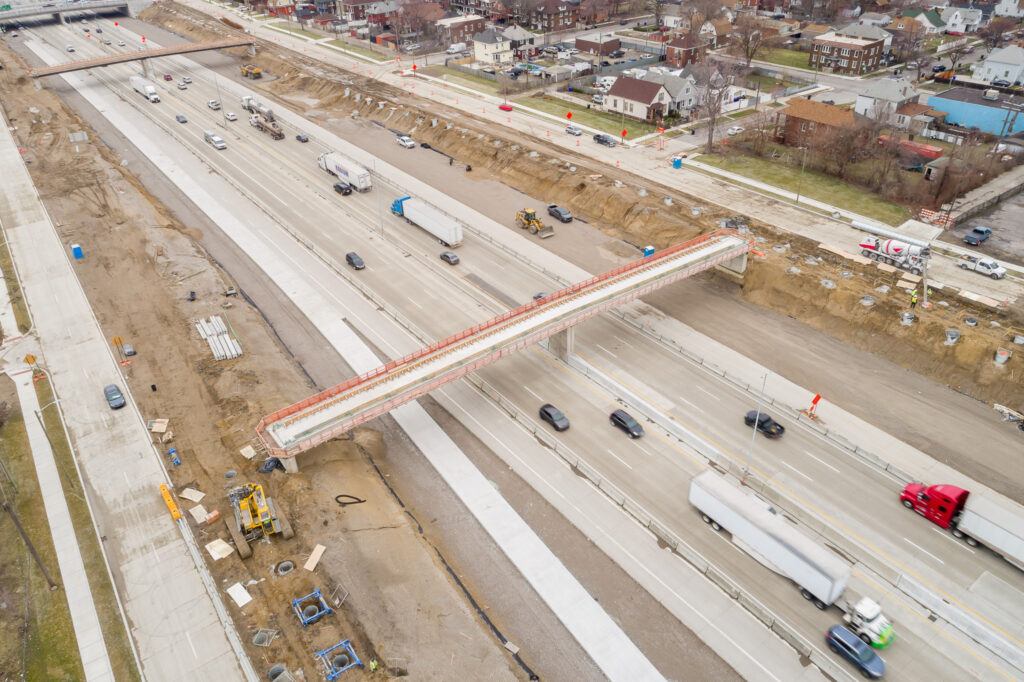 over bridge construction progress with traffic