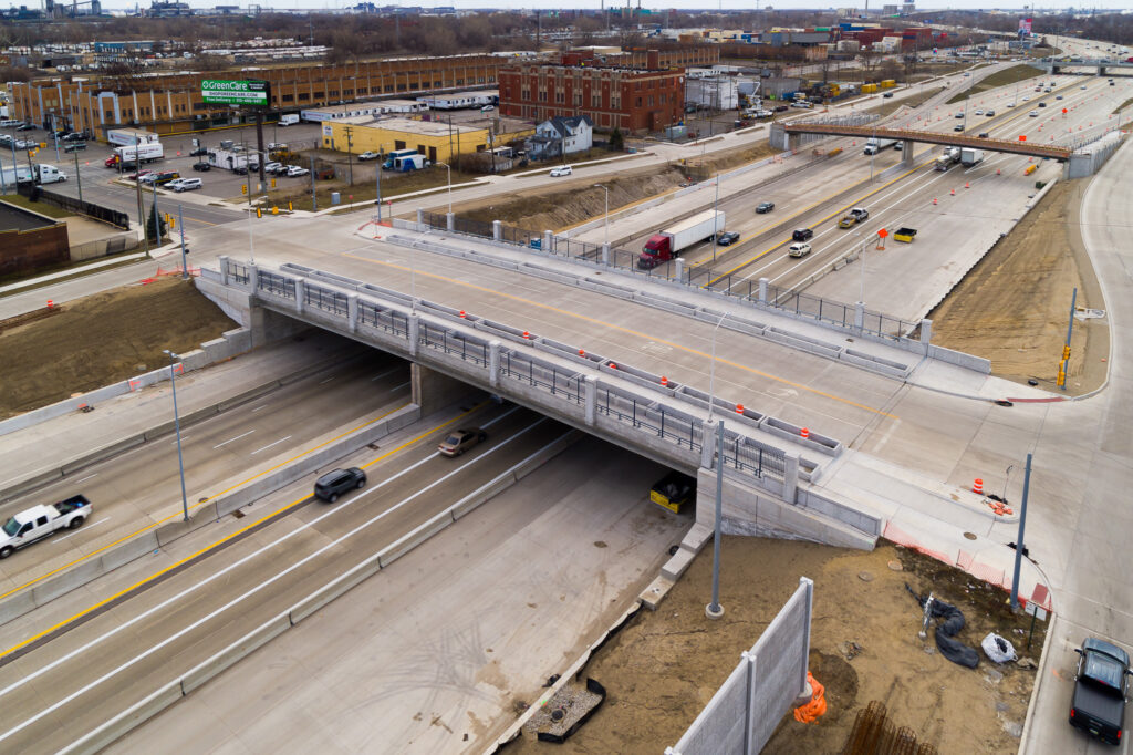 over bridge construction progress with traffic