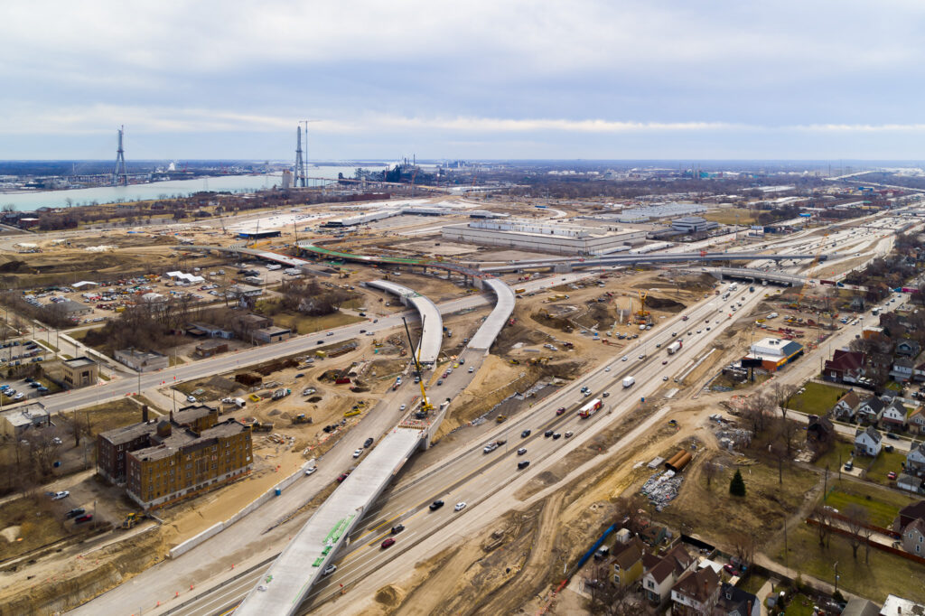 over bridge construction progress with traffic