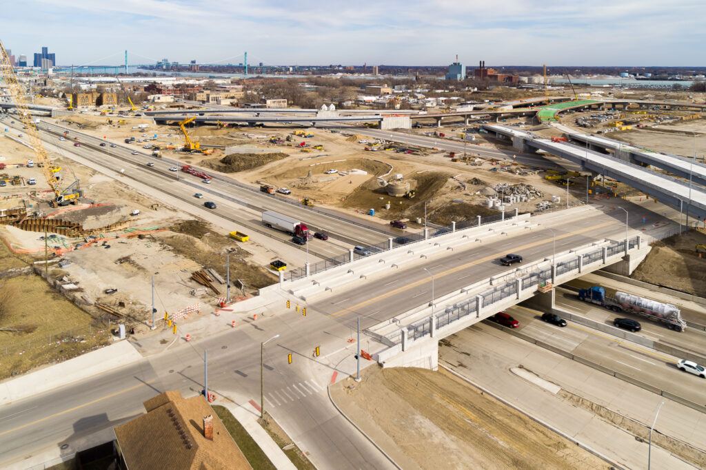 over bridge construction progress with traffic