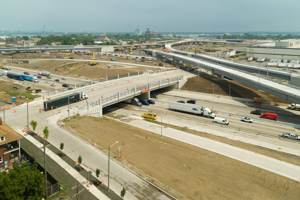 over bridge construction progress with traffic