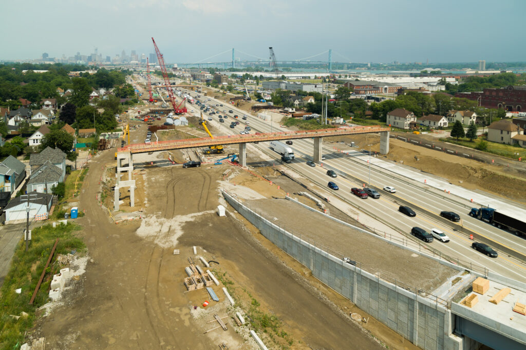 over bridge construction progress with traffic