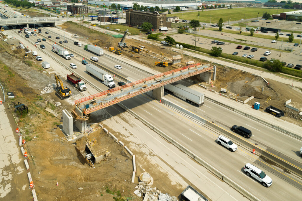 over bridge construction progress with traffic