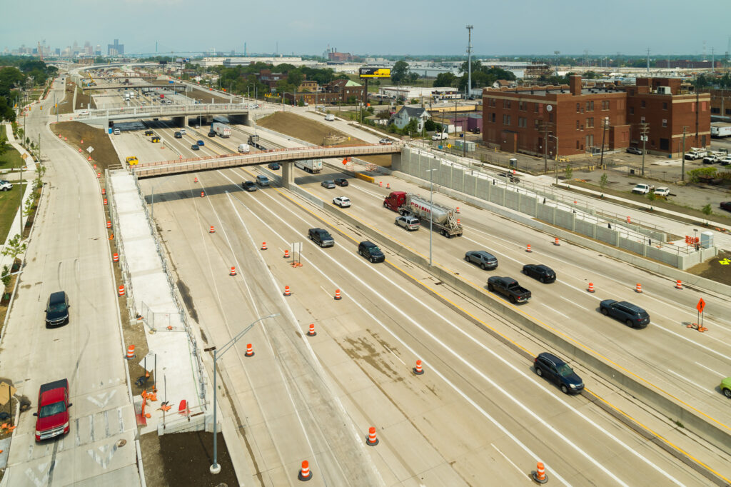 over bridge construction progress with traffic