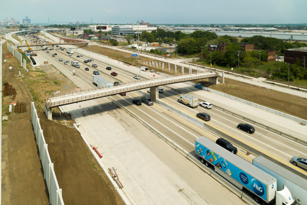 over bridge construction progress with traffic