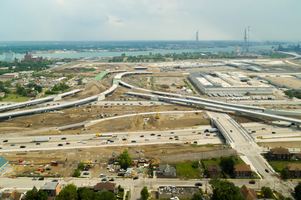 over bridge construction progress with traffic