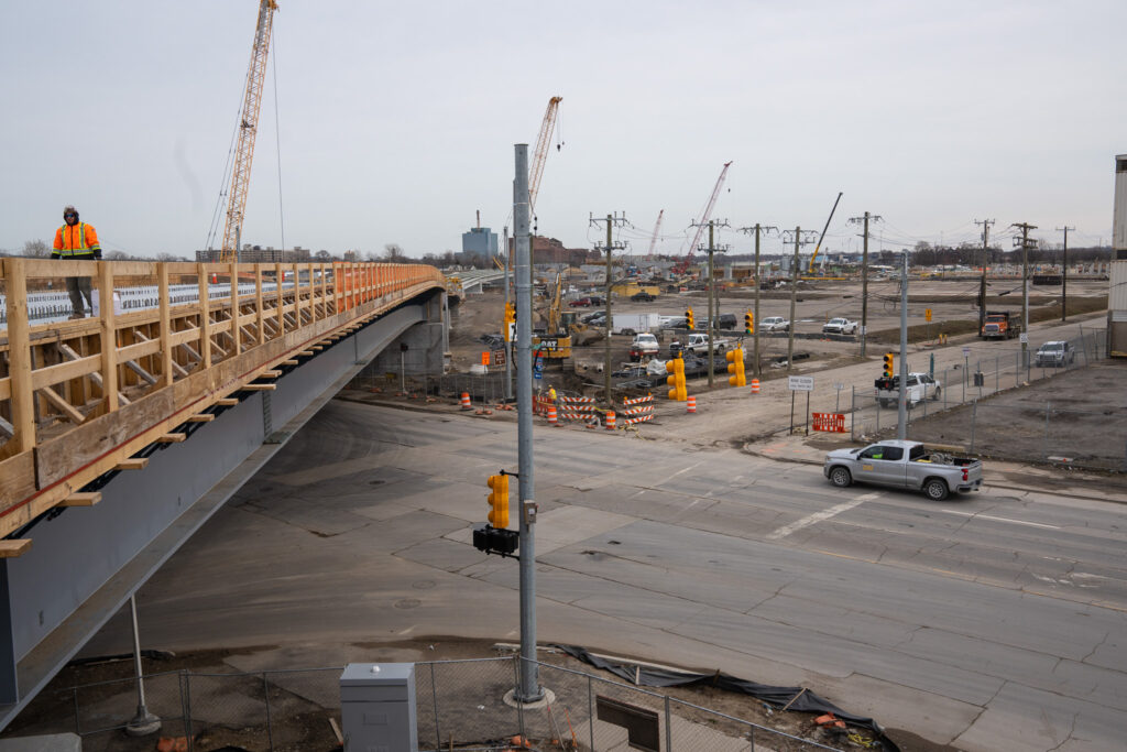 over bridge construction progress with traffic
