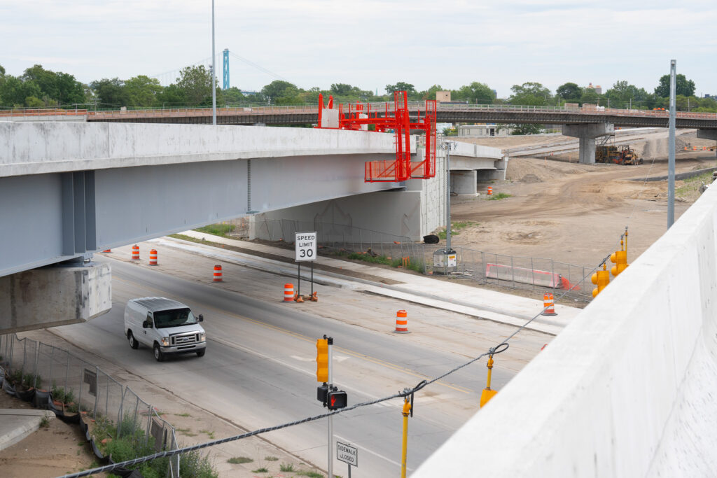 over bridge construction progress with van