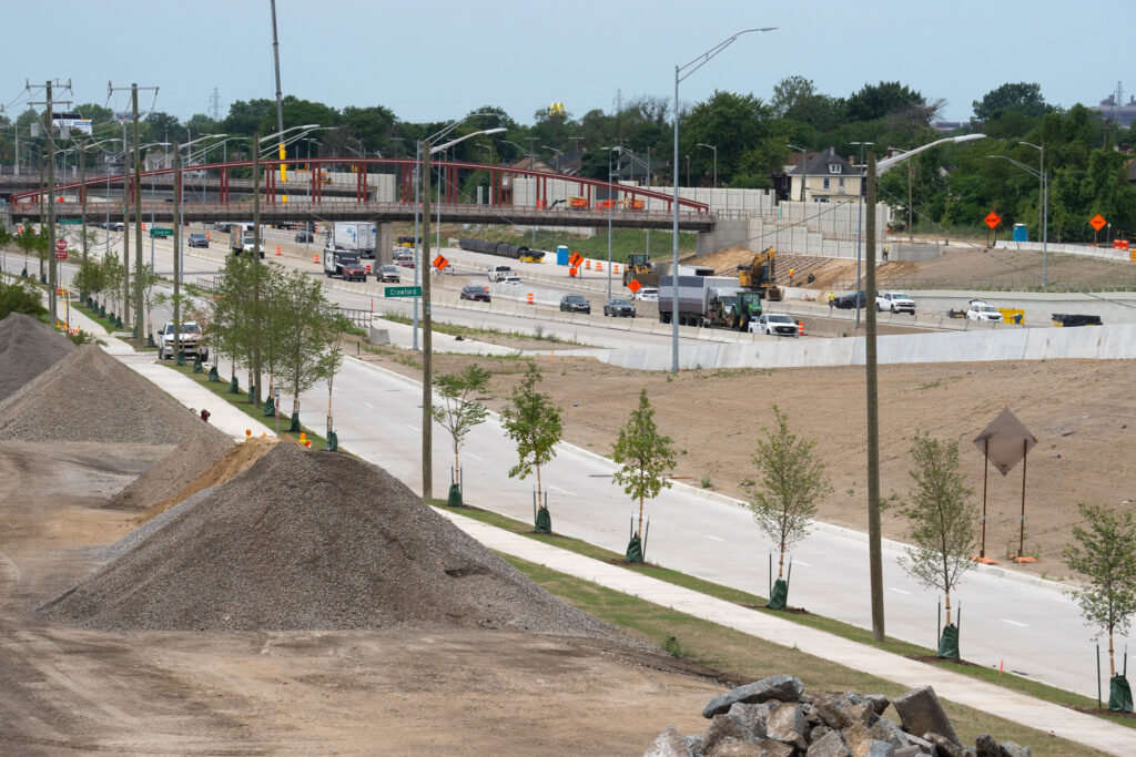 over bridge construction progress with traffic