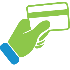A hand holding a credit card icon representing the overhead signage on toll lanes which accept credit, debit, NEXUS, Breakaway and QR code scanning.