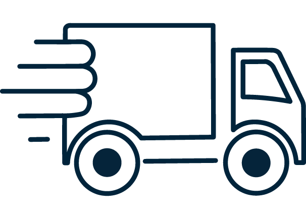 Icon of a commercial truck with lines behind it indicating it is moving forward
