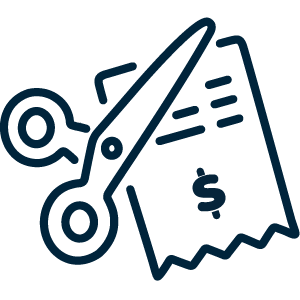 Icon of scissors cutting a receipt representing discounted toll rates.