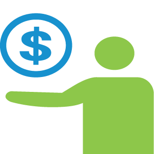 A graphic image of a person holding a dollar sign representing the overhead signage on toll lanes which have an attendant present and accept cash, card, Breakaway, QR code and NEXUS.