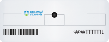 An image of the Breakaway headlamp tag which includes the Breakaway logo and barcode.