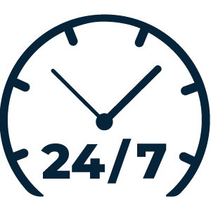 24 hour 7 day a week clock icon symbolizing around-the-clock operations and customer service.