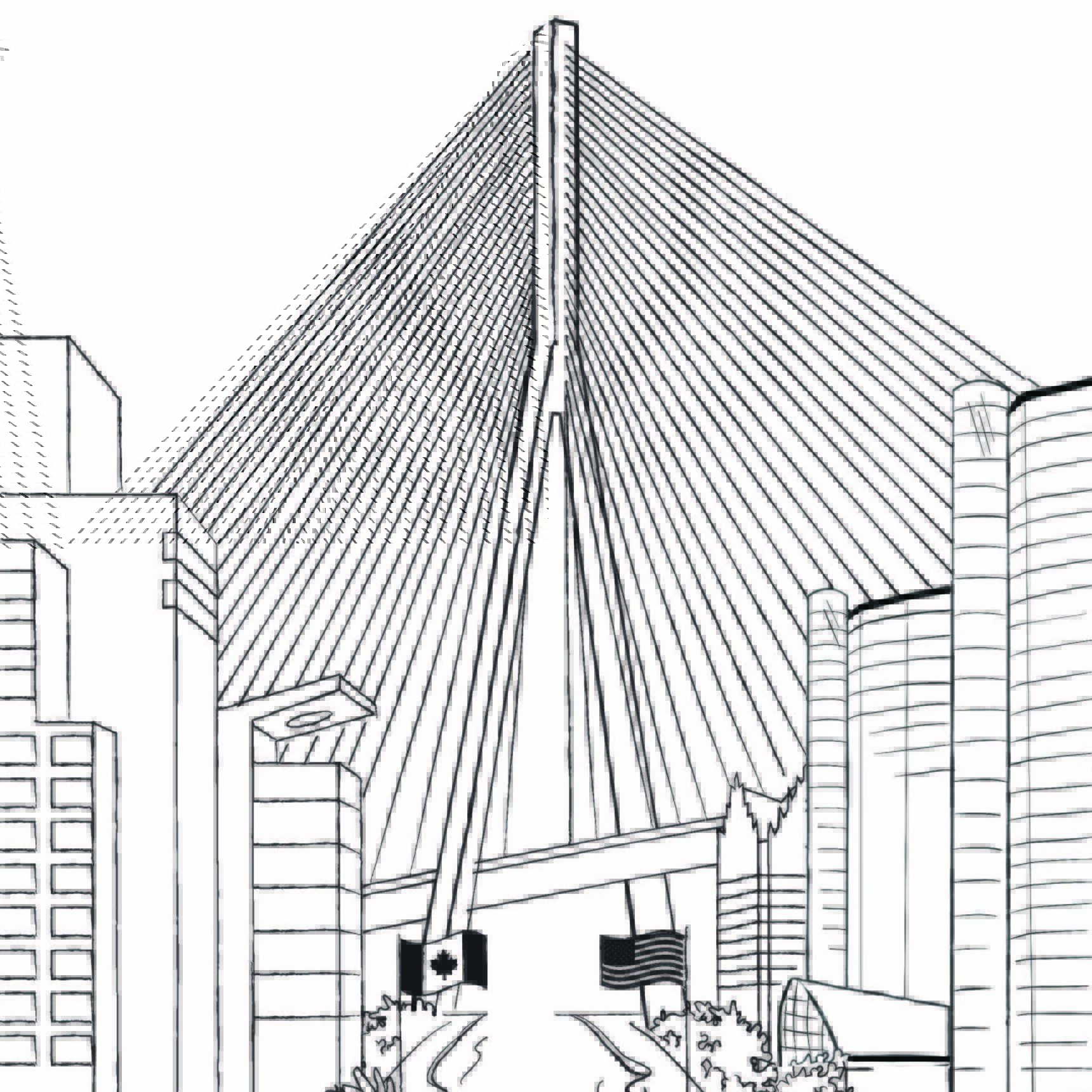 Sketch art print including Gordie Howe International Bridge